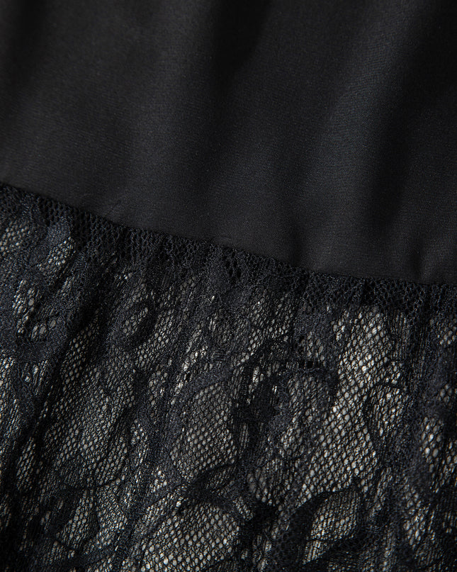 Black Solid Color Sleeveless Sheer Floral Lace Patchwork Long Dress