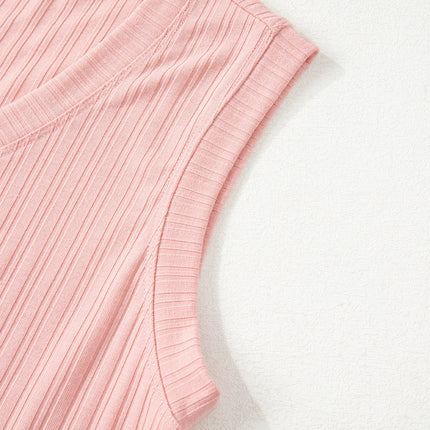 Gossamer Pink Ribbed Button V Neck Tank Top and Shorts Set