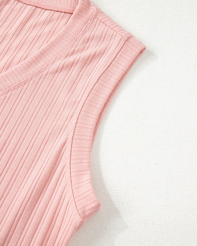 Gossamer Pink Ribbed Button V Neck Tank Top and Shorts Set