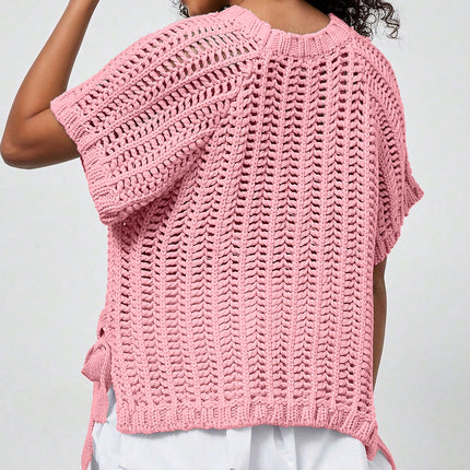 Apricot Plus Size Open Knit Bow Tie Short Sleeve Sweater