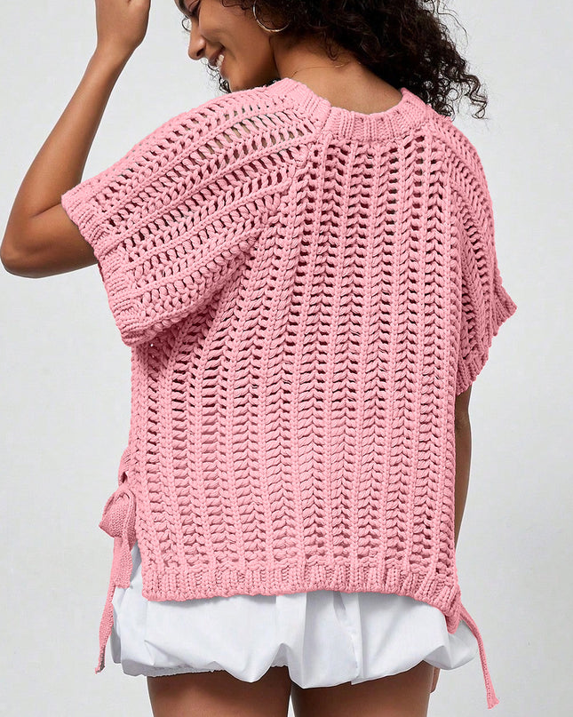 Apricot Plus Size Open Knit Bow Tie Short Sleeve Sweater