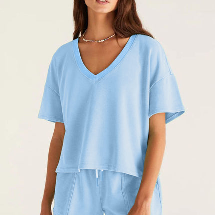 Mint Green V Neck Drop Shoulder Tee and Patchwork Drawstring Shorts Set