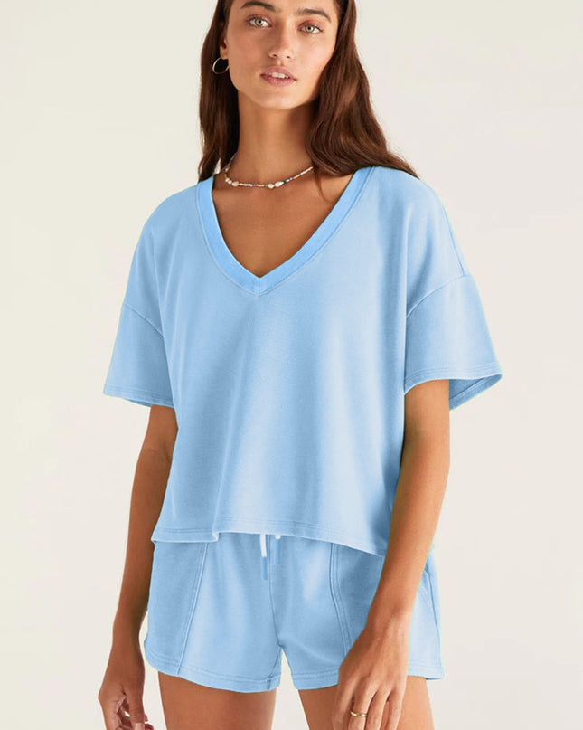 Mint Green V Neck Drop Shoulder Tee and Patchwork Drawstring Shorts Set