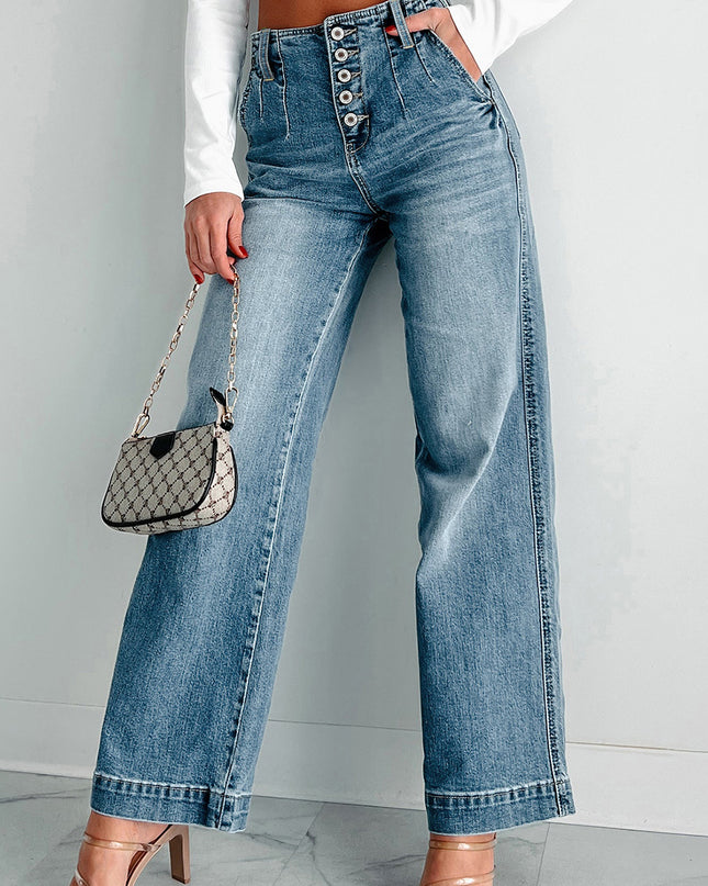 Dusk Blue Multi Buttons Medium Wash Straight Loose Leg Jeans