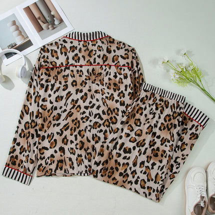 Khaki Plus Leopard Print Contrast Piping Striped Patchwork 2pcs Long Pajama Set