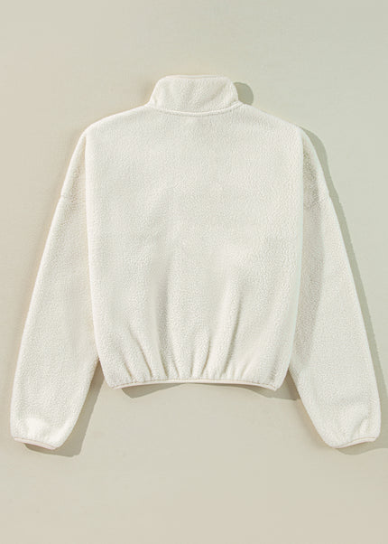 White Fleece Placket Turn-down Collar Drop Shoulder Sweatshirt