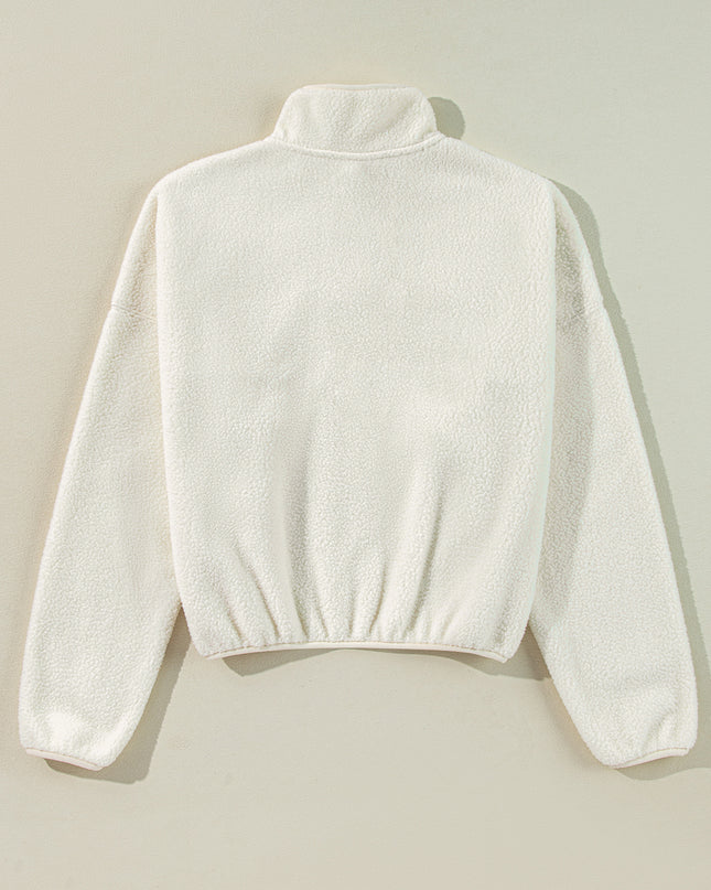 White Fleece Placket Turn-down Collar Drop Shoulder Sweatshirt