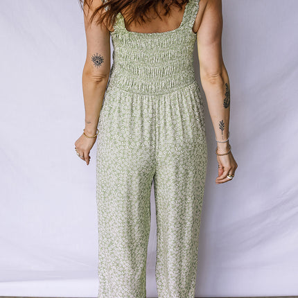 Green Smocked Bodice Square Neck Sleeveless Floral Jumpsuit