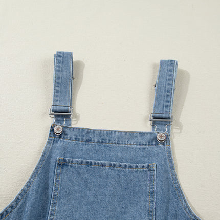 Dusk Blue Pleated Wide Leg Retro Pocketed Denim Jumpsuit