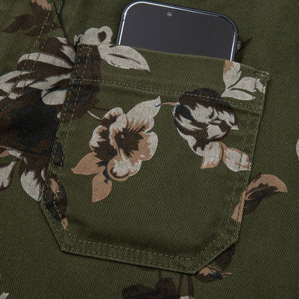 Green Vintage Floral Print Square Patch Pocket Raw Hem Shift Jeans