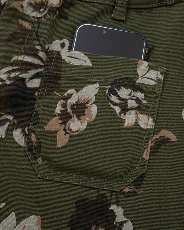 Green Vintage Floral Print Square Patch Pocket Raw Hem Shift Jeans