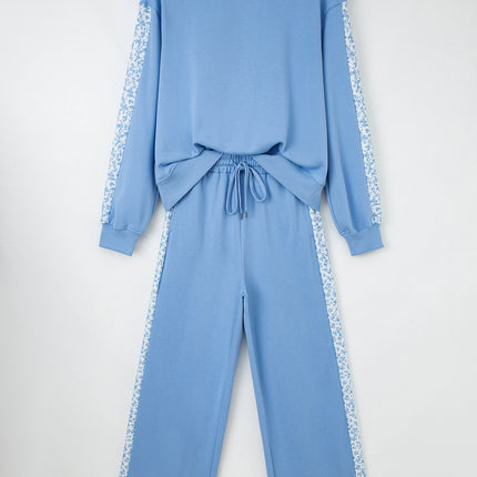 Beau Blue Floral Patchwork Drop Shoulder Pullover and Sweatpants Lounge Set