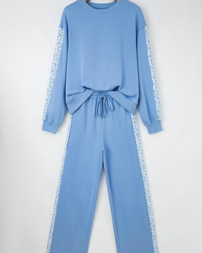 Beau Blue Floral Patchwork Drop Shoulder Pullover and Sweatpants Lounge Set