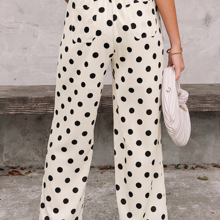 White Polka Dot Print Patched Pocket Loose Pants
