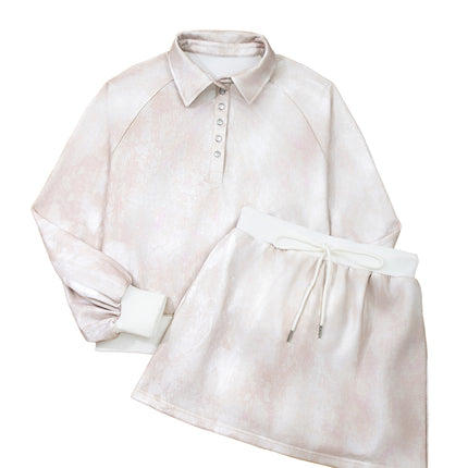 White Abstract Woodland Print Balloon Sleeve Pullover Drawstring Mini Skort Set
