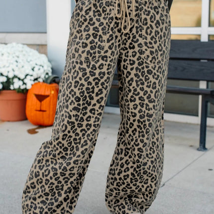 Khaki Leopard Print Drawstring Elastic Waist Loose Denim Pants with Pockets