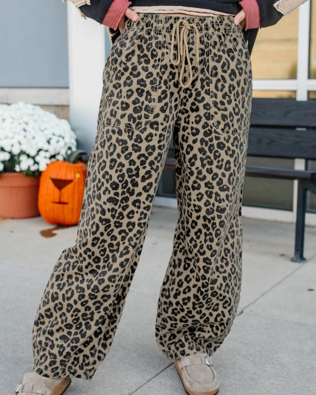 Khaki Leopard Print Drawstring Elastic Waist Loose Denim Pants with Pockets