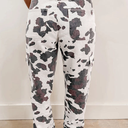 Brown Cow Spots Printed Multi Pocketed Jeans