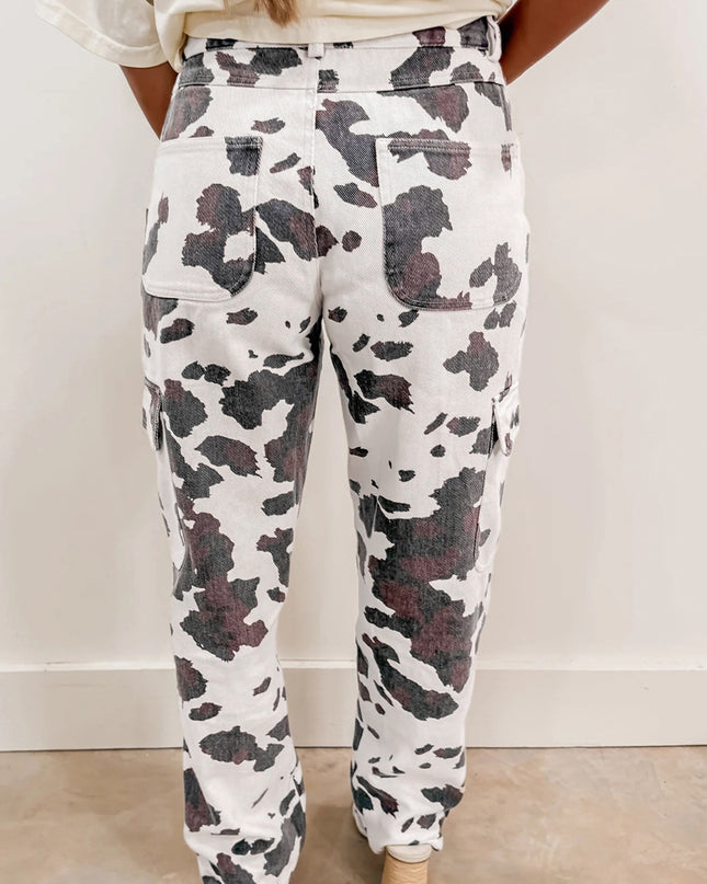 Brown Cow Spots Printed Multi Pocketed Jeans