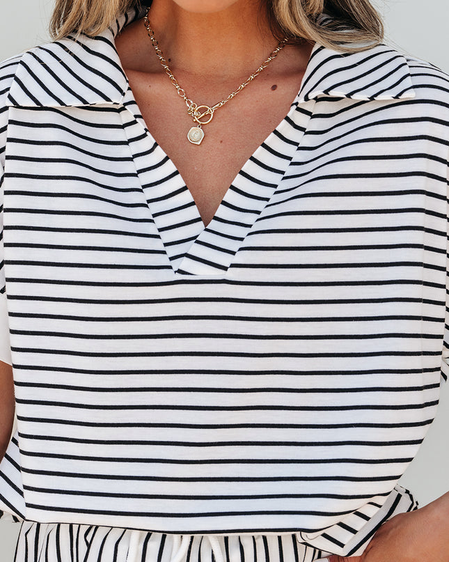 Black Stripe V Neck Tee and Casual Short Set
