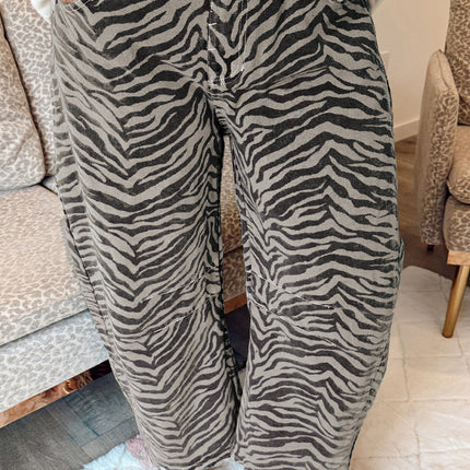 Gray Zebra Stripe Printed Wide Leg Jeans