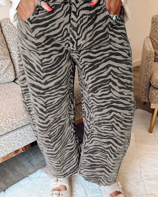 Gray Zebra Stripe Printed Wide Leg Jeans