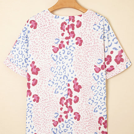 Leopard Print V Neck Short Sleeve Blouse