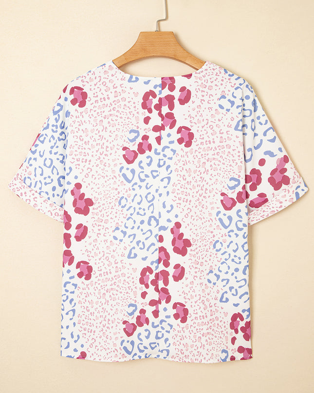 Leopard Print V Neck Short Sleeve Blouse