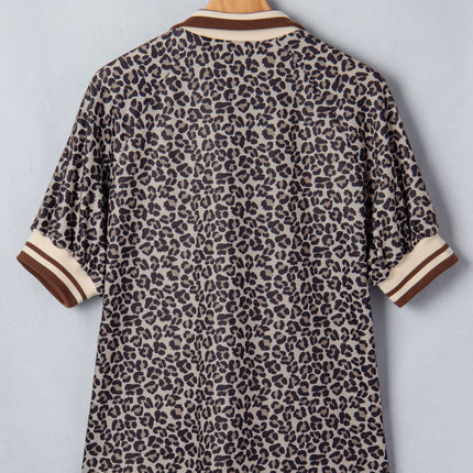 Khaki Leopard Print Half Zip Striped Trim Patchwork Short Sleeve Top