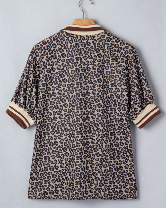 Khaki Leopard Print Half Zip Striped Trim Patchwork Short Sleeve Top