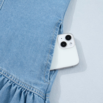 Beau Blue Button Down Short Puff Sleeve Ruffle Hem Patchwork Denim Dress
