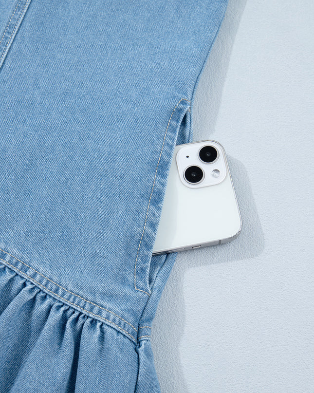 Beau Blue Button Down Short Puff Sleeve Ruffle Hem Patchwork Denim Dress