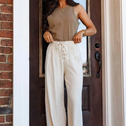 Jet Stream Drawstring Elastic Waist Button Pleated Detail Wide Leg