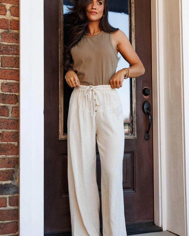 Jet Stream Drawstring Elastic Waist Button Pleated Detail Wide Leg