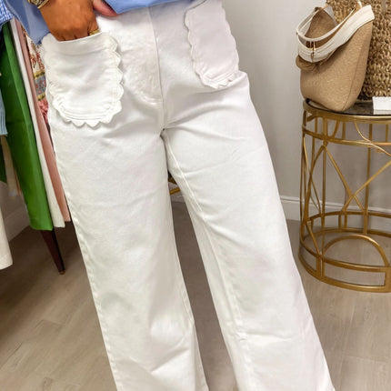 White Scalloped Patch Pocket Jeans