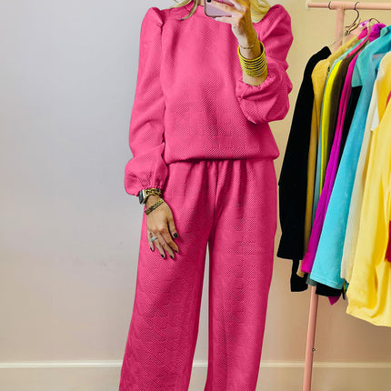 Rose Red Textured Puff Sleeve Top and Pants Set