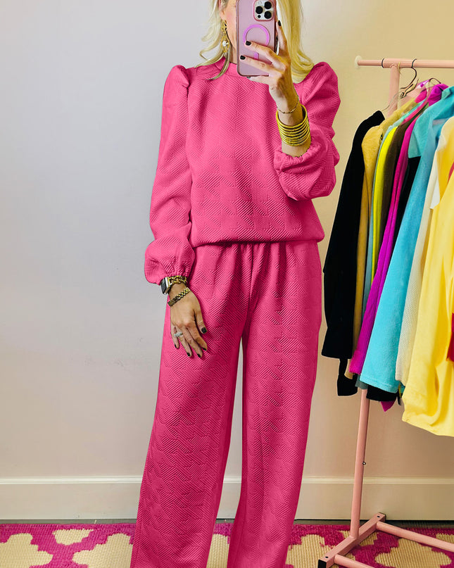 Rose Red Textured Puff Sleeve Top and Pants Set