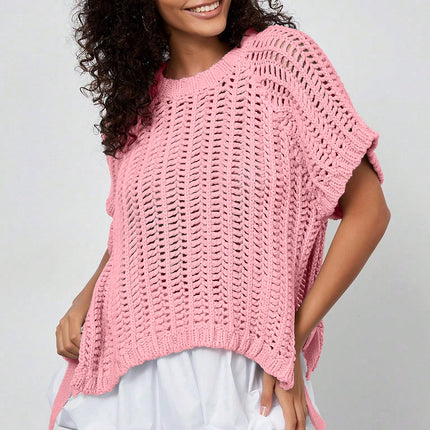Apricot Plus Size Open Knit Bow Tie Short Sleeve Sweater