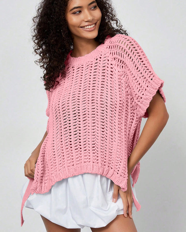 Apricot Plus Size Open Knit Bow Tie Short Sleeve Sweater