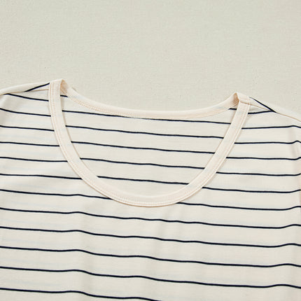 Beige Stripe Drawstring Tunic Tank Mini Dress with Pockets