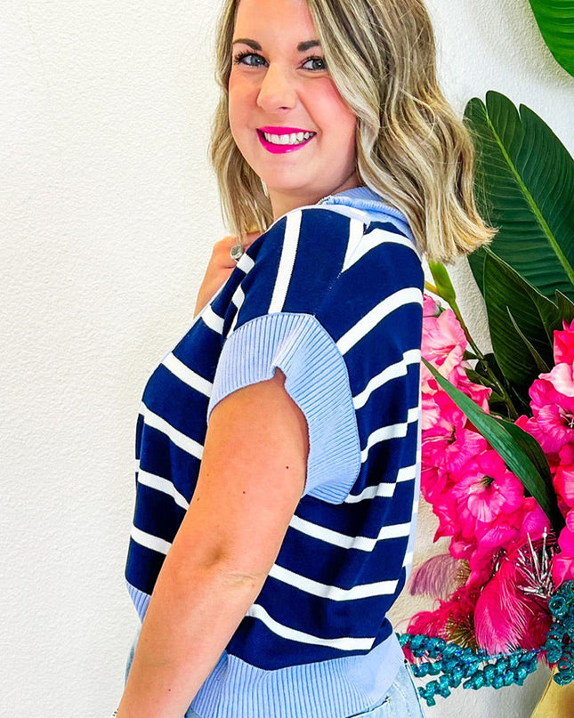 Black Stripe Colorblock Quarter Zip Collar Sweater Vest