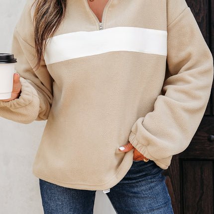 Parchment Fleece Colorblock Patchwork Zipped Neck Pullover Sweatshirt
