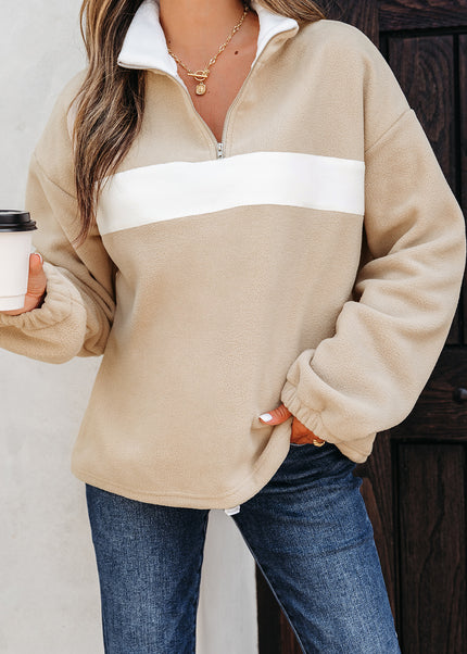 Parchment Fleece Colorblock Patchwork Zipped Neck Pullover Sweatshirt