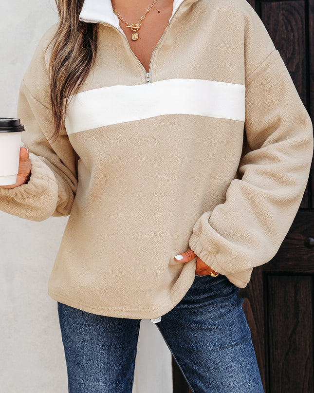 Parchment Fleece Colorblock Patchwork Zipped Neck Pullover Sweatshirt