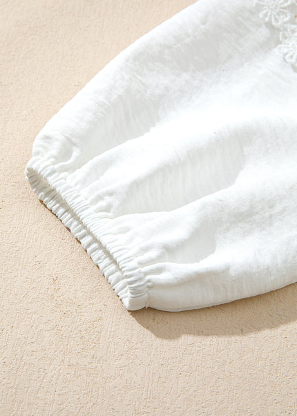 White Solid Color Floral Guipure Patchwork Frilled Long Sleeve Blouse