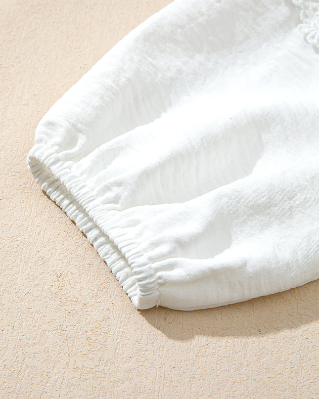 White Solid Color Floral Guipure Patchwork Frilled Long Sleeve Blouse