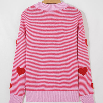 Gray Stripe Contrast Heart Pattern Valentine Knit Sweater