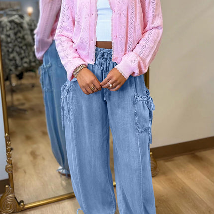Beau Blue Drawstring Elastic Waist Pocketed Loose Denim Pants