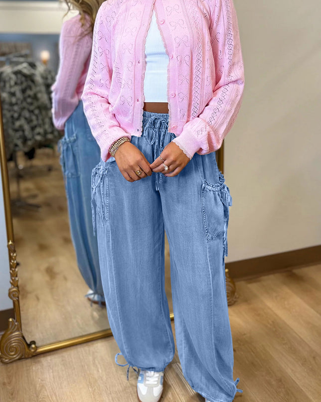 Beau Blue Drawstring Elastic Waist Pocketed Loose Denim Pants