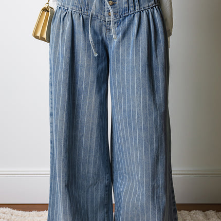 Sky Blue Stripe Button Pleated Drawstring Waist Casual Wide Leg Jeans